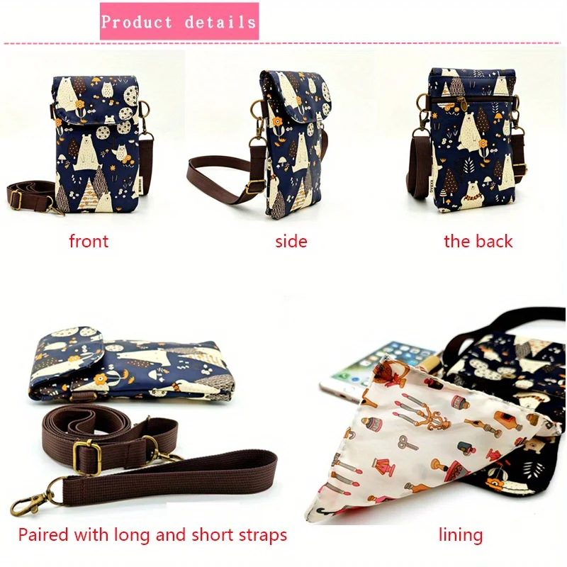 Niedliche Umhängetasche mit Katzen- und Tiermotiv, Kawaii-Stoff-Handytasche, kleine Umhängetasche mit verstellbarem Riemen, Geldbörsen und Handtaschen – Detail 1