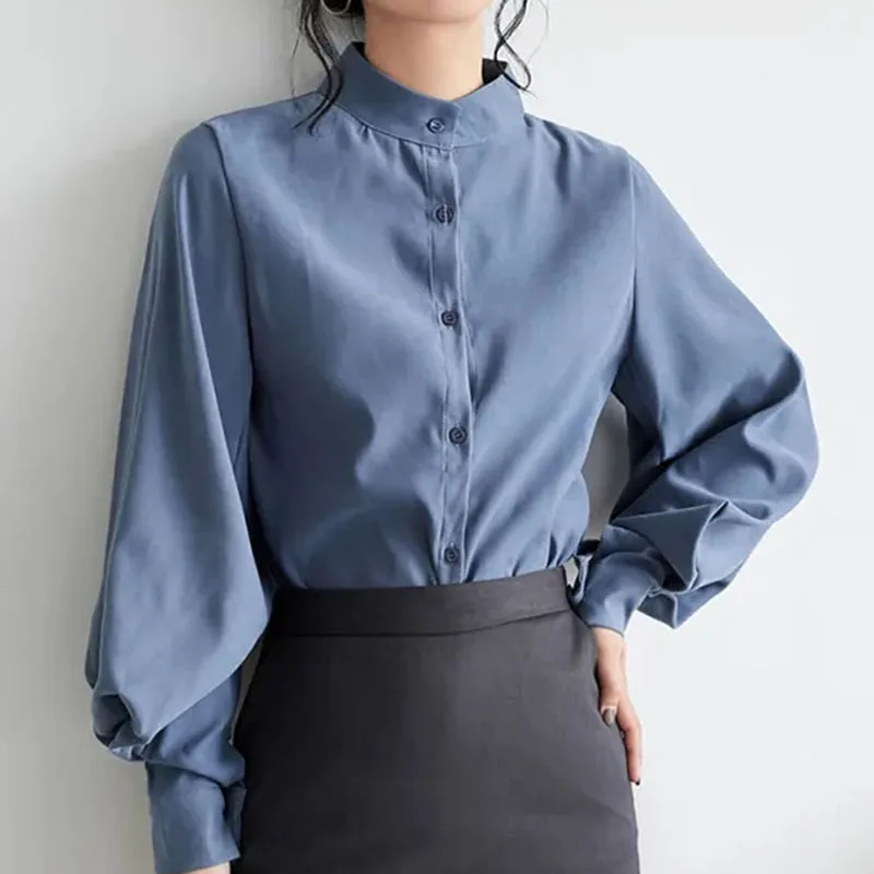 GIDYQ Vintage Chiffon Shirts Women Lantern Sleeve Black Blouses Korean Elegant Office Lady Solid Loose Casual Tops New