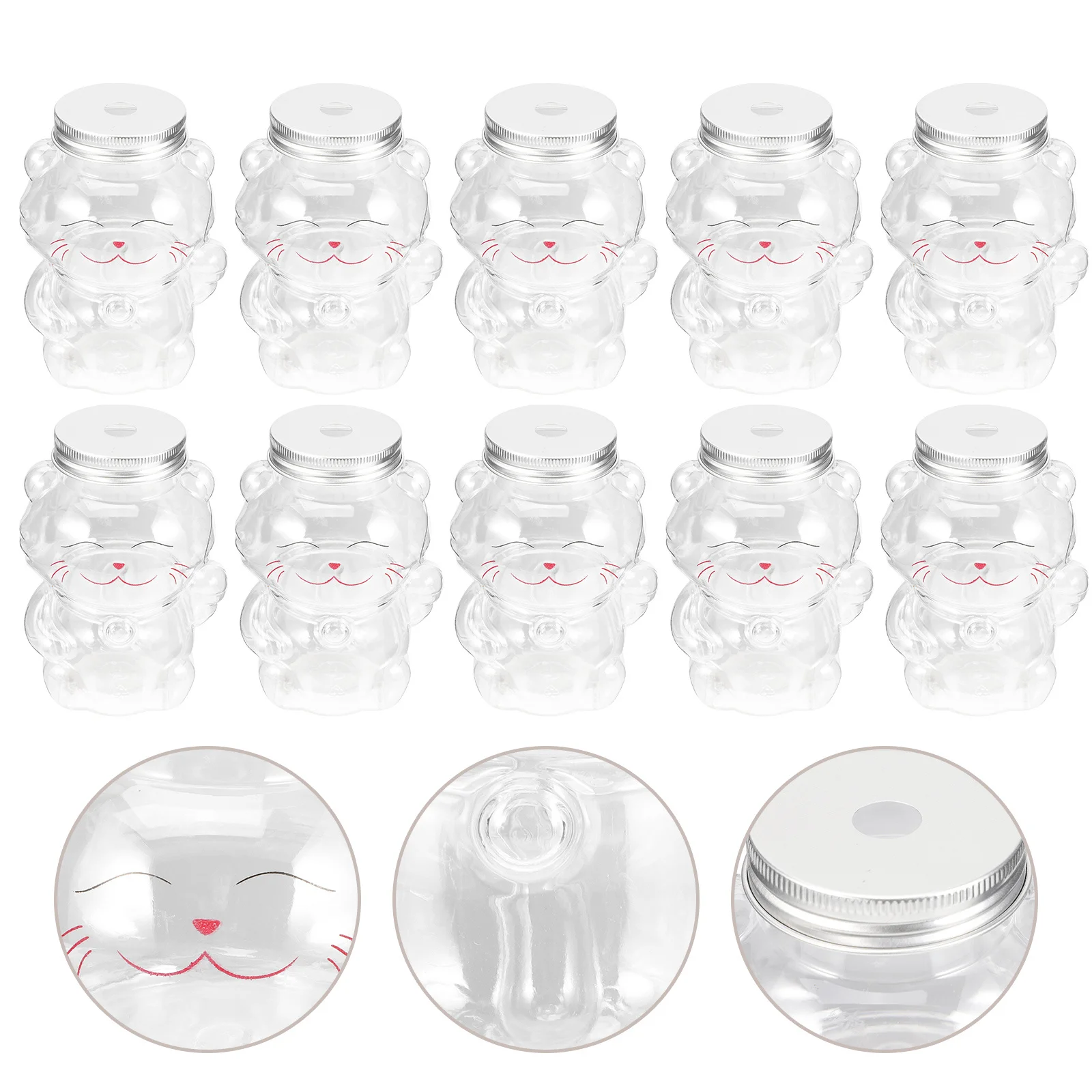 

10pcs Milk Tea Empty Juice Portable Beverage Bottles 350Ml Cat Design Transparent Water Bottles For Drinks School Lunch Party