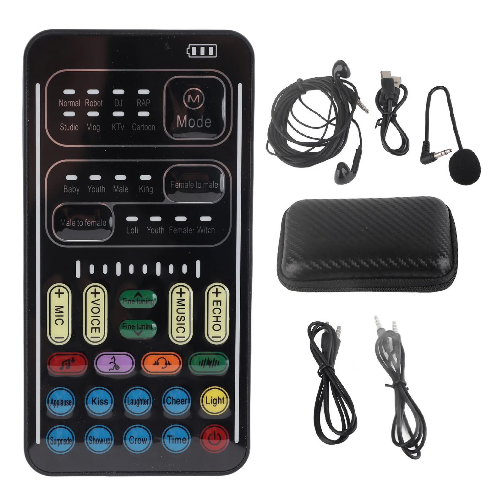 Recording Mini Sound Card Voice Changer Set 450mAh Colorful LED Lights Plug and Play with Monitor Headphones for Live Streaming