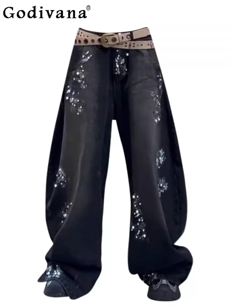 

Large Size American Street Black Heavy Industry leisure Jeans Women 2025 New Punk Loose Versatile Personality Wide-leg Trousers