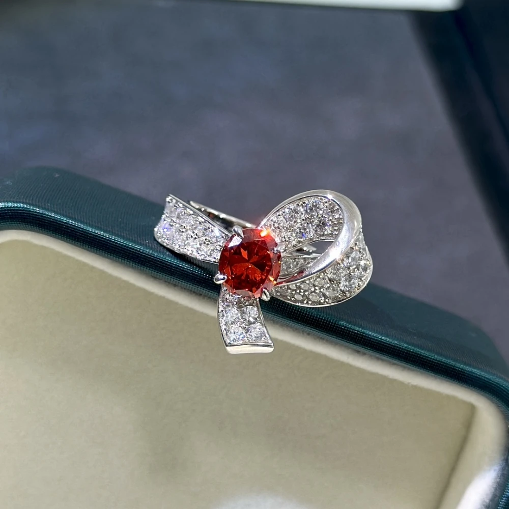 Pigeon Blood Red New Style Three-Dimensional Ribbon Bow Zircon Sterling Silver Ring Delicate Elegant Retro