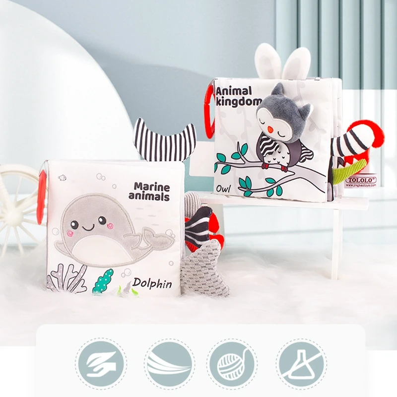 Книга с датчиком Монтессори для раннего обучения, детская книга, контрастное визуальное возбуждение, игрушки для новорожденных, черно-белые животные