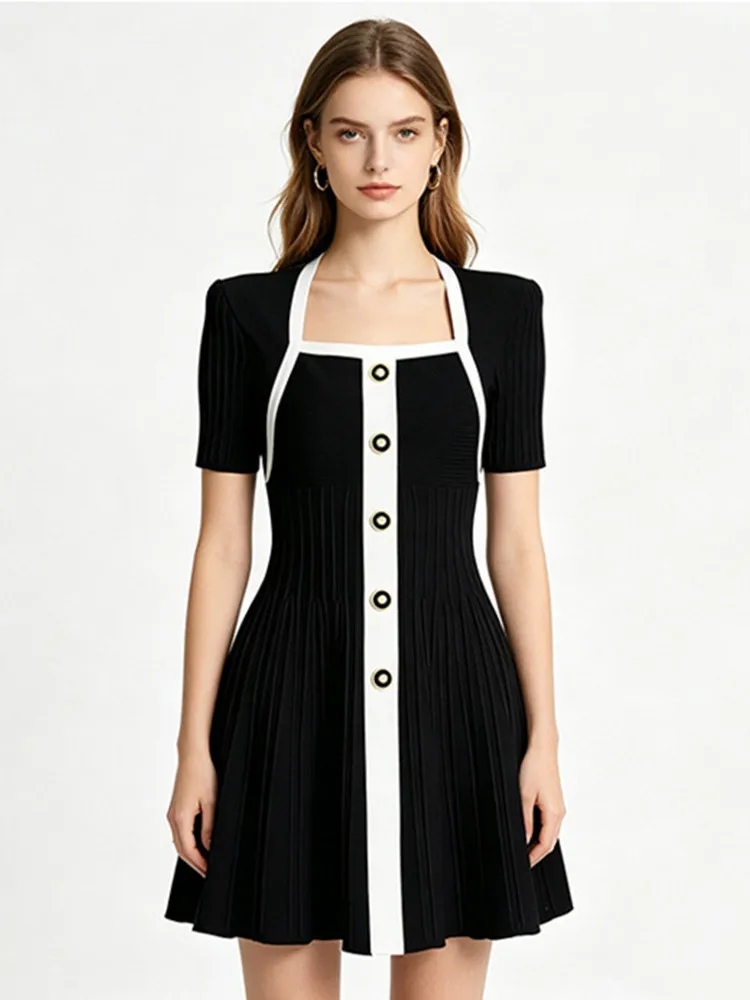 

Elegant Black White Gold Buckle Short Sleeve Knitted Pleated Dress Waist Cinched Square Collar Single Button Closure Commute ...