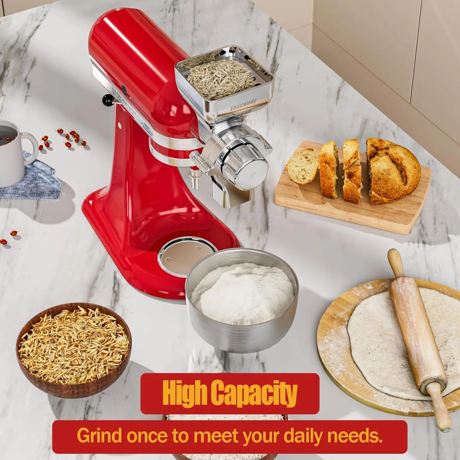 ملحق مطحنة الحبوب المعدنية بالكامل مناسب لخلاط حامل كيتشن إيد، مطحنة حبوب مطحنة دقيق قابلة للتعديل مكونة من 12 مستوىًا لخلاط كيتشن ايد، مناسبة #3