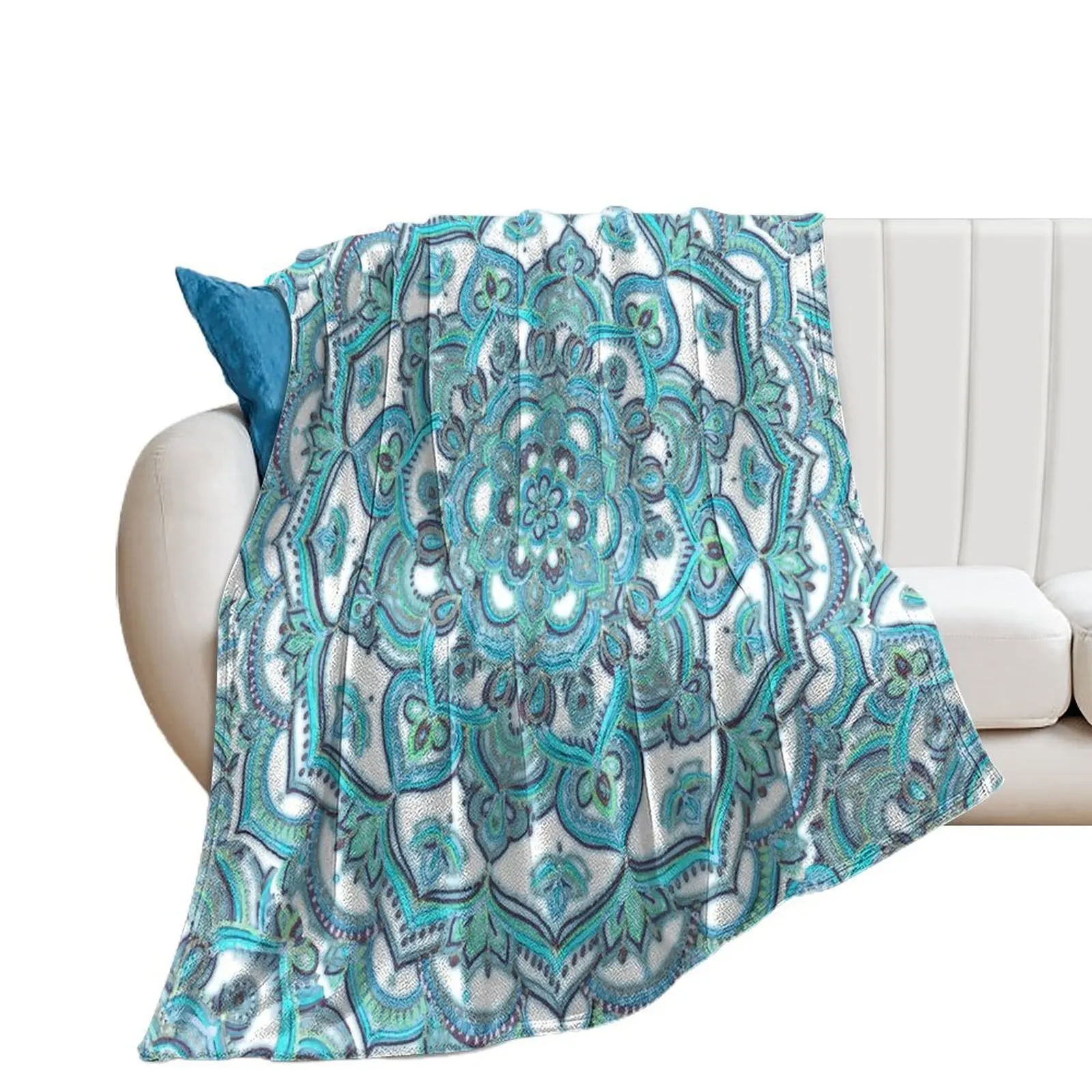 Summer Bloom - floral doodle pattern in turquoise & white Throw Blanket funny gift Beautifuls Large Blankets