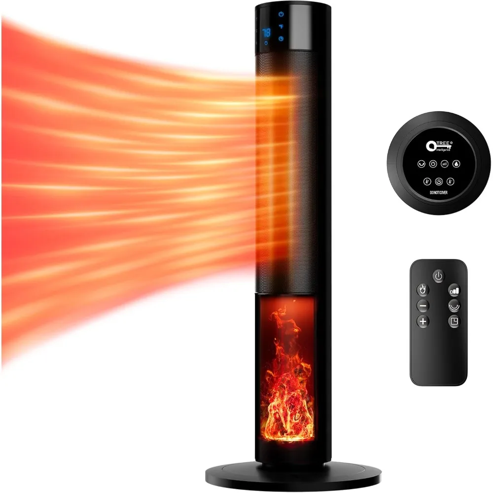 1500W space heater with fireplace, 70 ° oscillating PTC ceramic tower heater, 33.5-inch adjustable thermostat tower heater