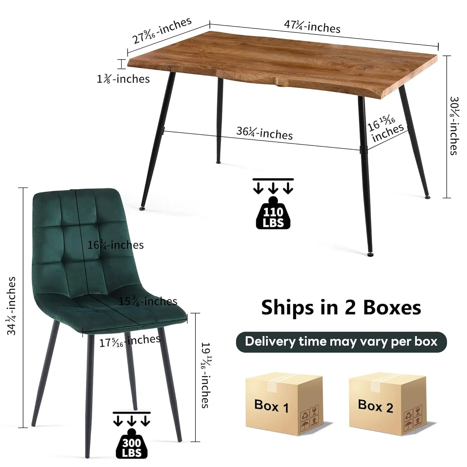 Conjunto de mesa de jantar de 5 peças, 47 pol. mesa de cozinha retangular irregular moderna e 4 cadeiras laterais estofadas em veludo verde floresta, metal l