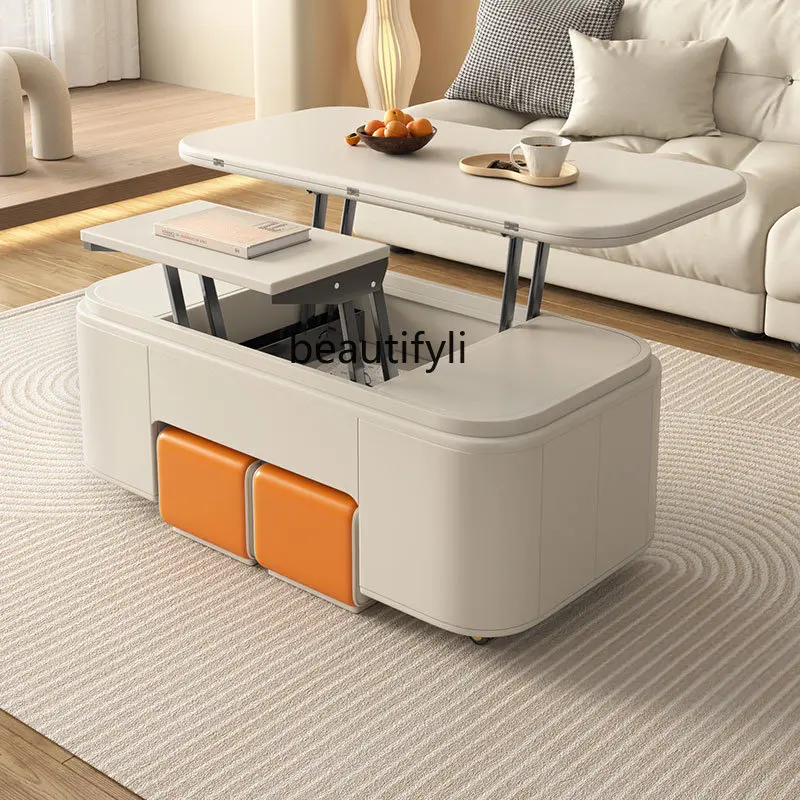 Cream Style Coffee Table Multi-Functional Lifting and Foldable Dining Table Home Living Room Modern Minimalist Desk Dining Table