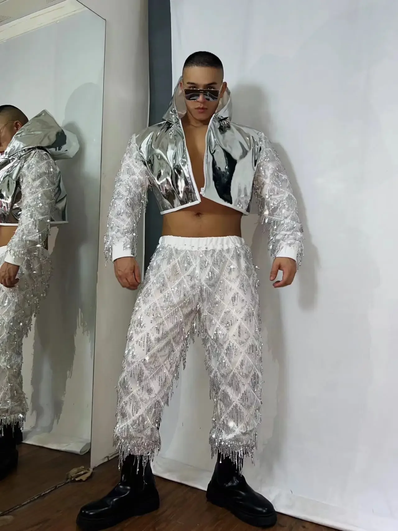 Pailletten Hip Hop Kleidung Nachtclub männliche Tänzerin Bühnen kostüm Silber Jacke Hosen Gogo Tanz kleidung Party Rave Outfit