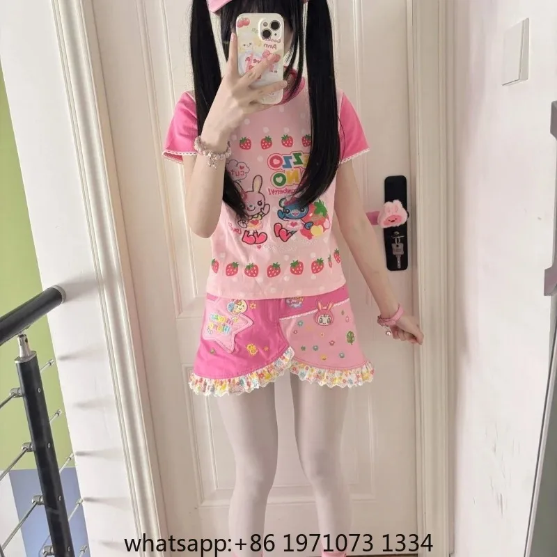 Japanese Kawaii Cartoon Print Tshirts Harajuku Contrast Patchwork Lace Fairy T-shirt Women Y2k Aesthetic Grunge Cropped Tees view 2