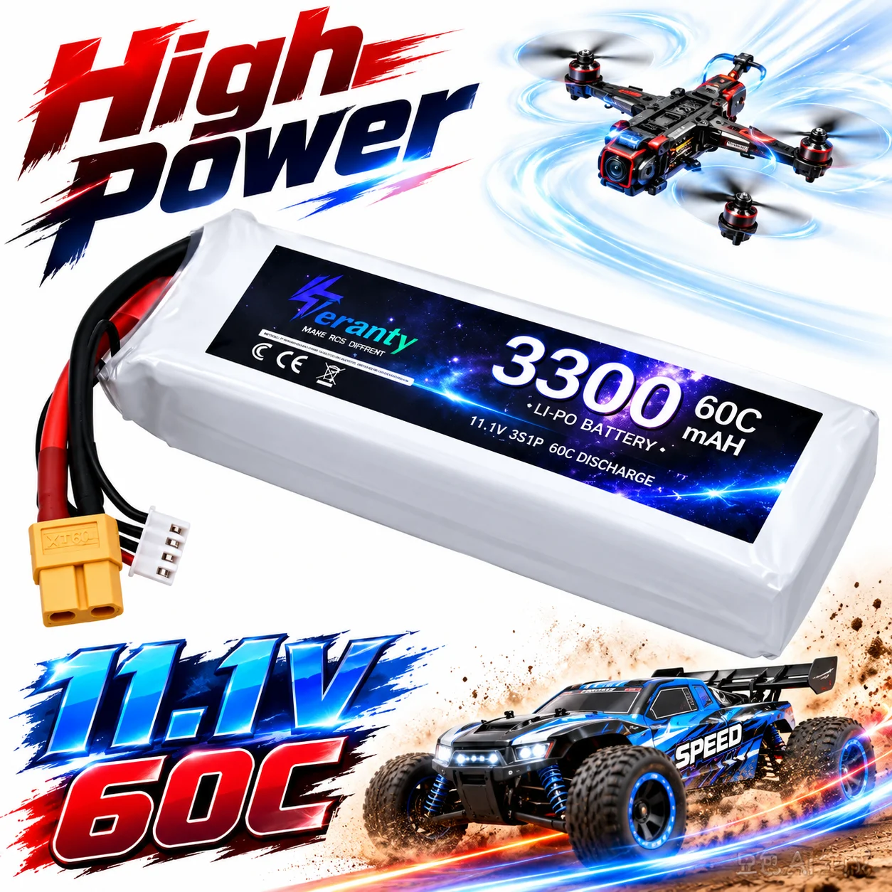 3300mAh 11.1V 3S 60C LiPo Battery XT60 Plug for FPV Drone Quadcopter RC Airplane Helicopter UAV Aerial Photography