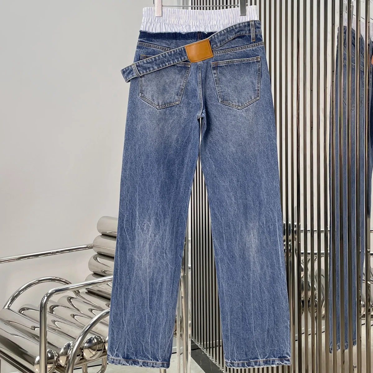 High Quality Women Double Waist Spliced Straight Leg Vintage Denim Long Jeans lyt133540