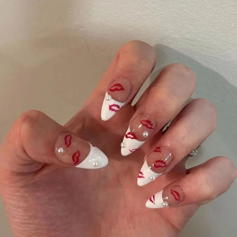 

24PCS Simple White French Press on False Nails with Glue Sweet Sexy Lips Pattern Almond Fake Nails for Women Girls Wearable Nail