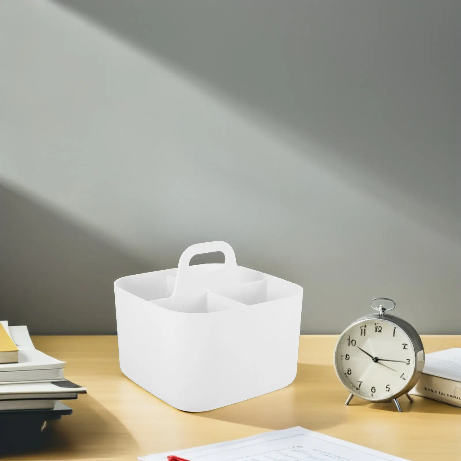 

4 Compartment Pen Organizer Holder with Handle Reusable Plastic Storage Box for Art Supplies Stationery Kitchen Utensils Table