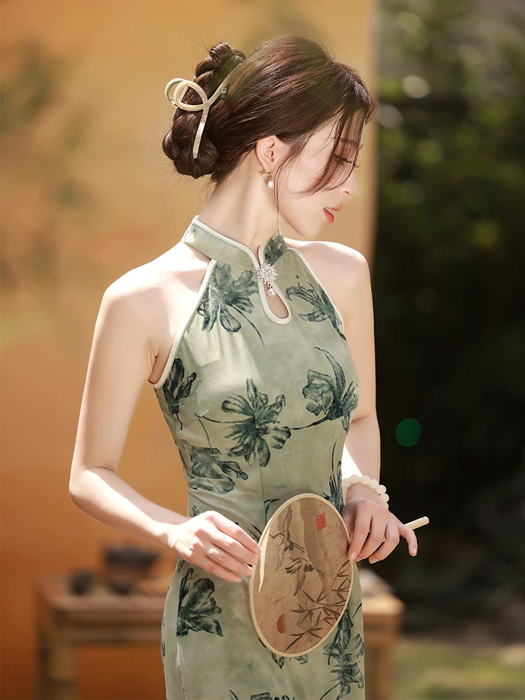 

Новое китайское платье для молодых девушек: обновленное, с высоким воротником, винтажное, расклешенное, миди, с боковым разрезом