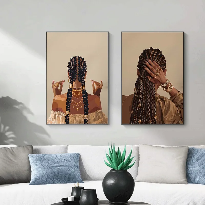 African American Black Woman Poster Cool Girl Hairstyle and Gold Jewelry Canvas Painting Wall Art for Living Room Home Decor