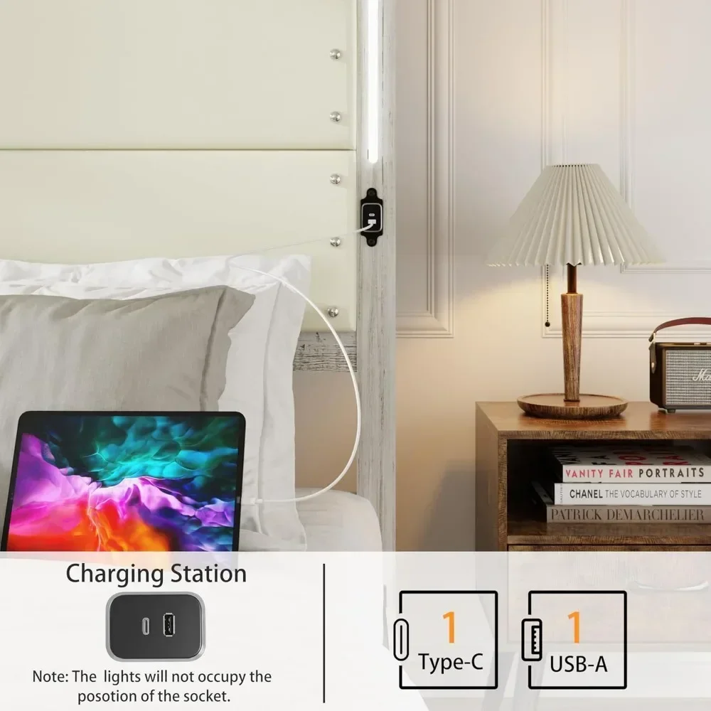 Queen  Size Bed Frame with Linen Upholstered Headboard Iron Platform Bed with Touch Light Belt Built-in Charging Station image 4