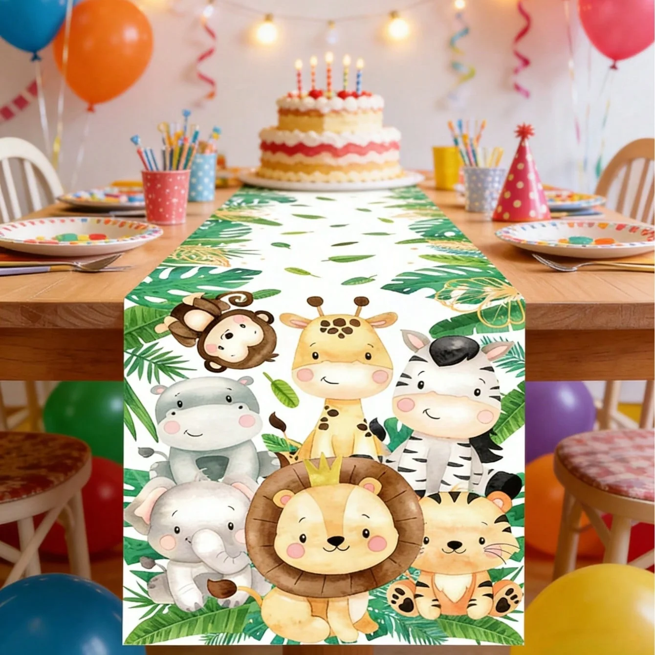 1Pc Cartoon Jungle Animal Table Runner Tropical Plant Print Table Runner Children's Party Decoration Cloth