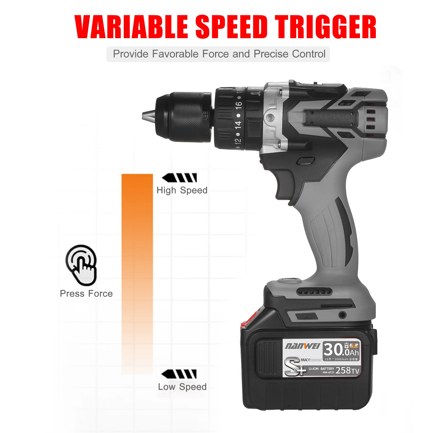 

Cordless Electric Drill Driver 21V 30A Batteries Max Torque 200N.m Variable Speed Impact Hammer Drill Electric Screwdriver