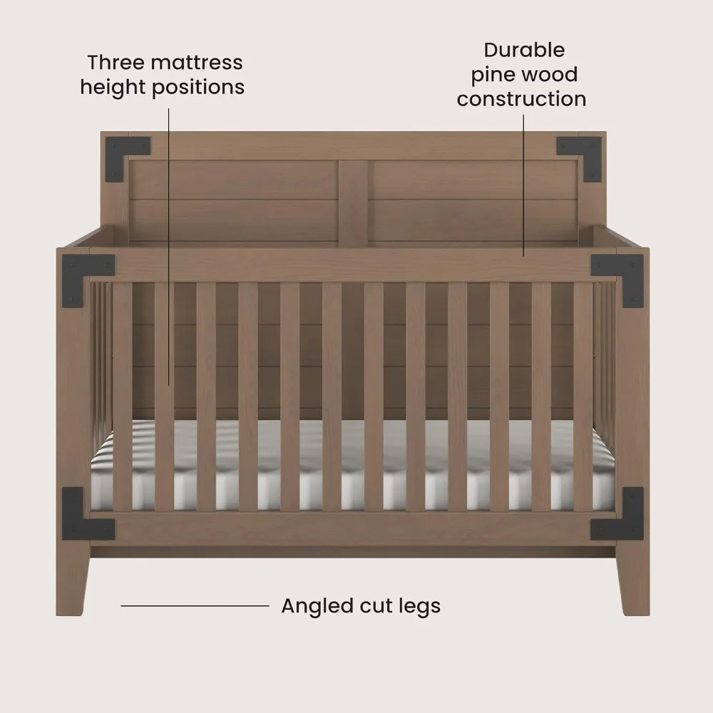 Culla convertibile Lucas 4 in 1, culla converte al letto diurno, letto per bambini e letto full size, 3 posizioni del materasso regolabili