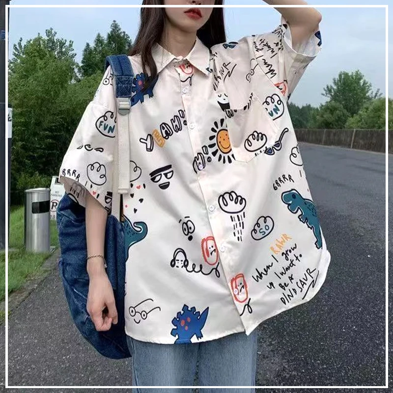 Japanese Teddy Bear Loose Summer 2024 Women\'s New Polo Shirt Printed Pocket Fashion Loose Casual Short Sleeved Blouses Shirt