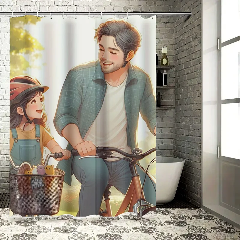 Heartwarming Father  Daughter Cycling Shower Curtain - Waterproof, Mildew-Resistant, Machine Washable for Cozy Bathroom Decor