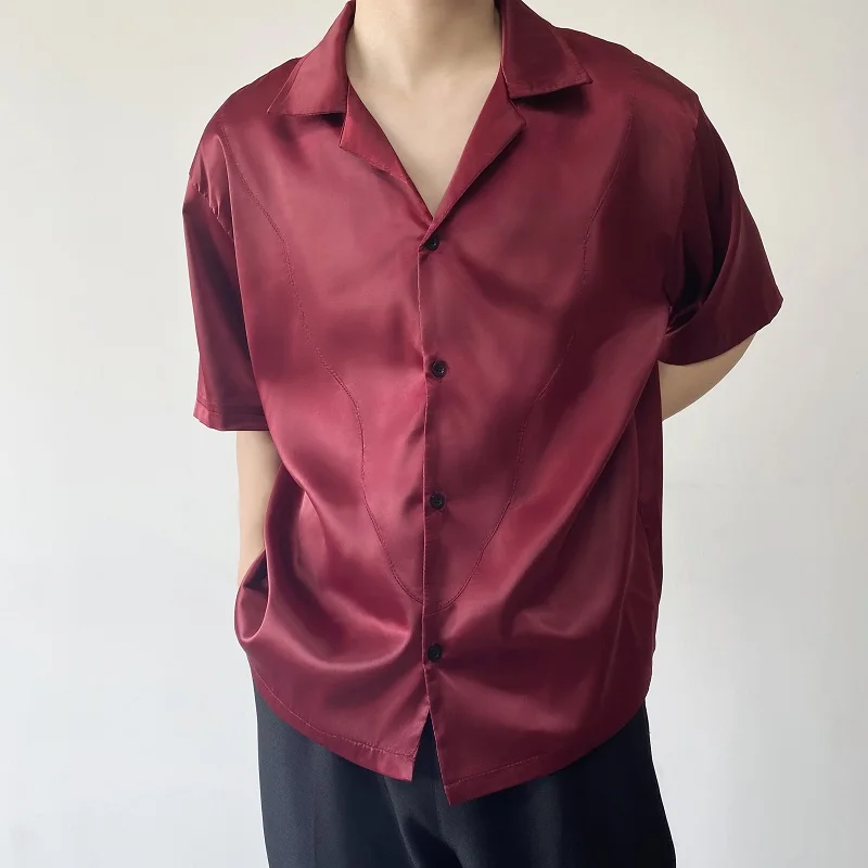 Summer Men\'s Stylish Shirt Cuban collar Satin Silk Wine Red Dress Shirts Short Sleeve Tops Wedding Prom Party Holiday Blouse Man