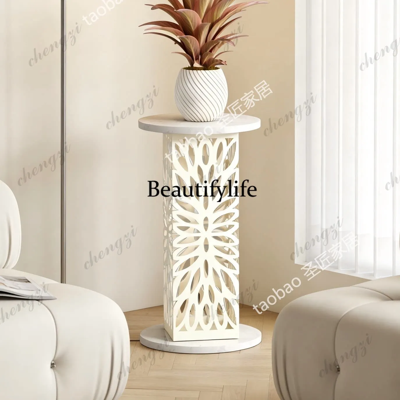 Modern simple floor-to-ceiling flower stand, living room sofa, marble side table, wrought iron small round table