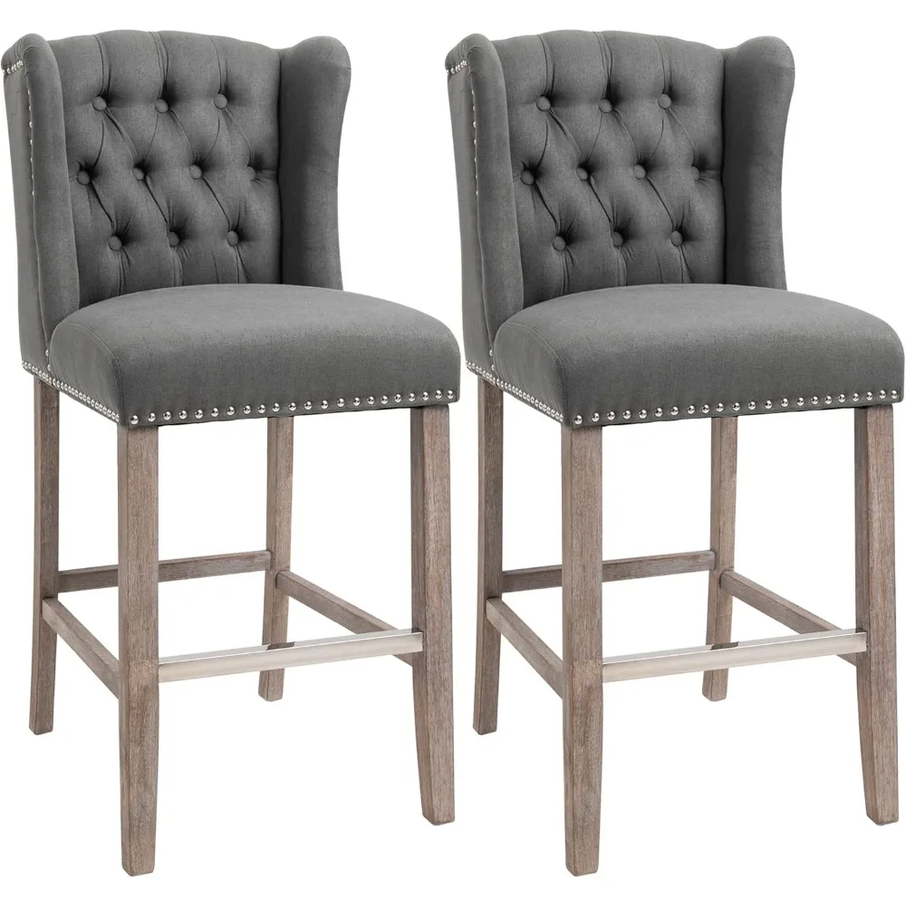 

Counter Height Bar Stools Set Of 2, Upholstered 26.75" Seat Height Barstools, Breakfast Chairs With Nailhead-trim & Tufted Back