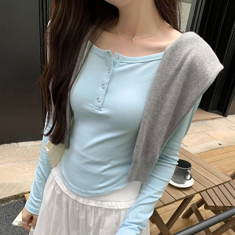 Women\'s Pullover Tops 2024 Autumn New Spicy Girl Slimming Short Top Fashion Long Sleeved Solid Color T-shirt