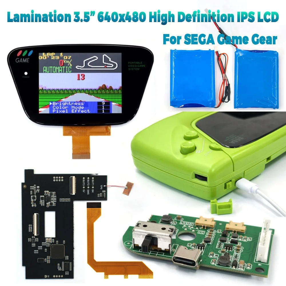 

Перезаряжаемый комплект с двумя аккумуляторами, ламинированный 3,5-дюймовый HD-дисплей 640x480 с подсветкой, ретро-пиксельный IPS LCD-экран для SEGA Game Gear, для консоли SEGA GG