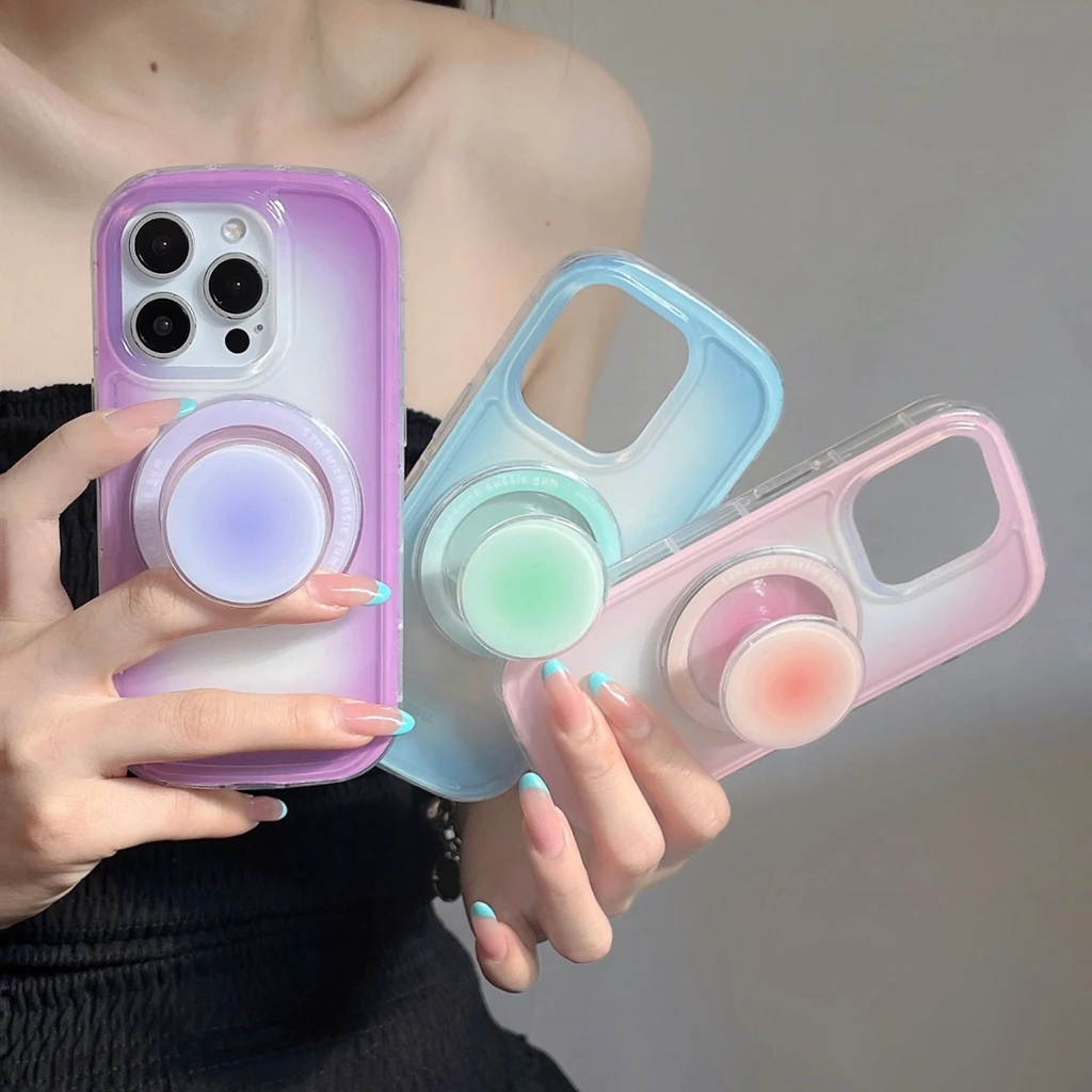 

Korean Style Simple Colorful Gradient With Holder Magnetic Wireless Charging Phone Cover Case for iPhone 16 15 14 13 Pro Max