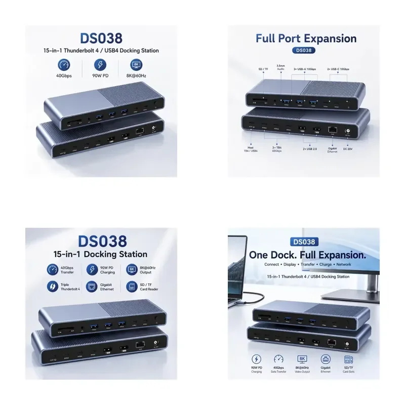 AP01 for 4 Dock 15 in 1 40Gbps 8K 60Hz 90W PD 10Gbps USB Gigabit Ethernet Aluminum Hub