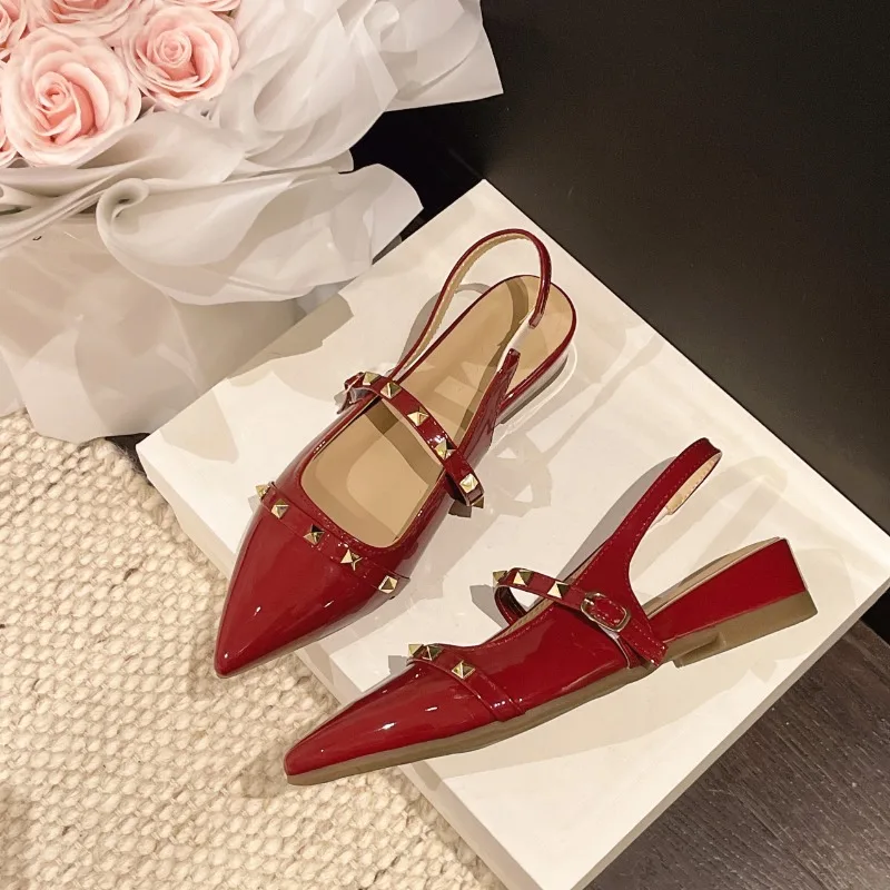 2026 New Style French Rivet Heeled Sandals - Flat Toe Pointed Toe Single Shoes view 5