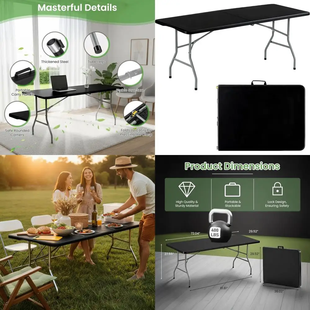 

Сверхмощный портативный пластиковый складной стол длиной 6 футов с ручкой для переноски — идеально подходит для вечеринок, свадеб, столовой на открытом воздухе и пикников (черный)