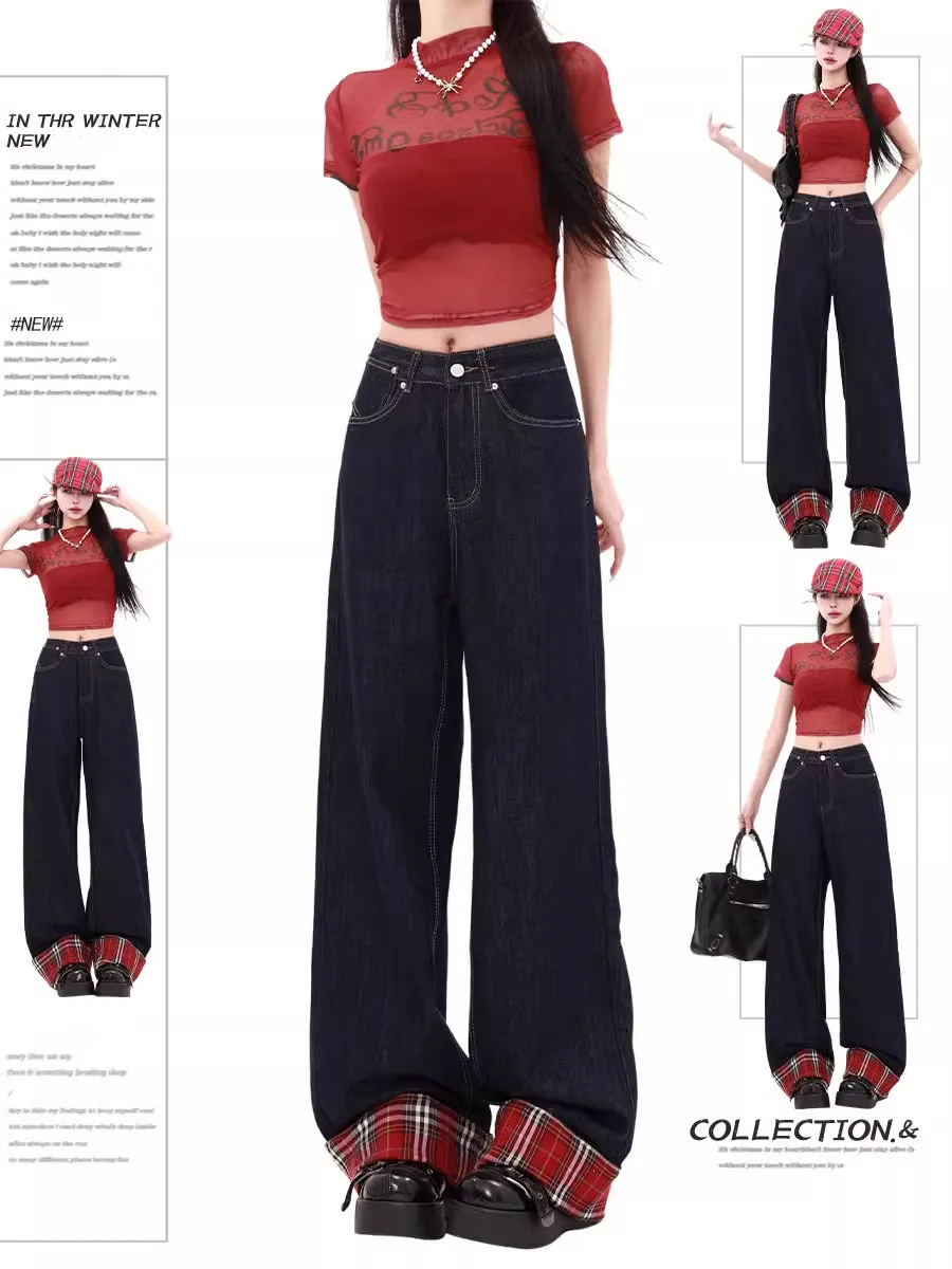 

Ретро-джинсы в американском стиле с клетчатыми вставками, темные, с манжетами, женские, больших размеров, прямые, в пол, модные, с высокой талией