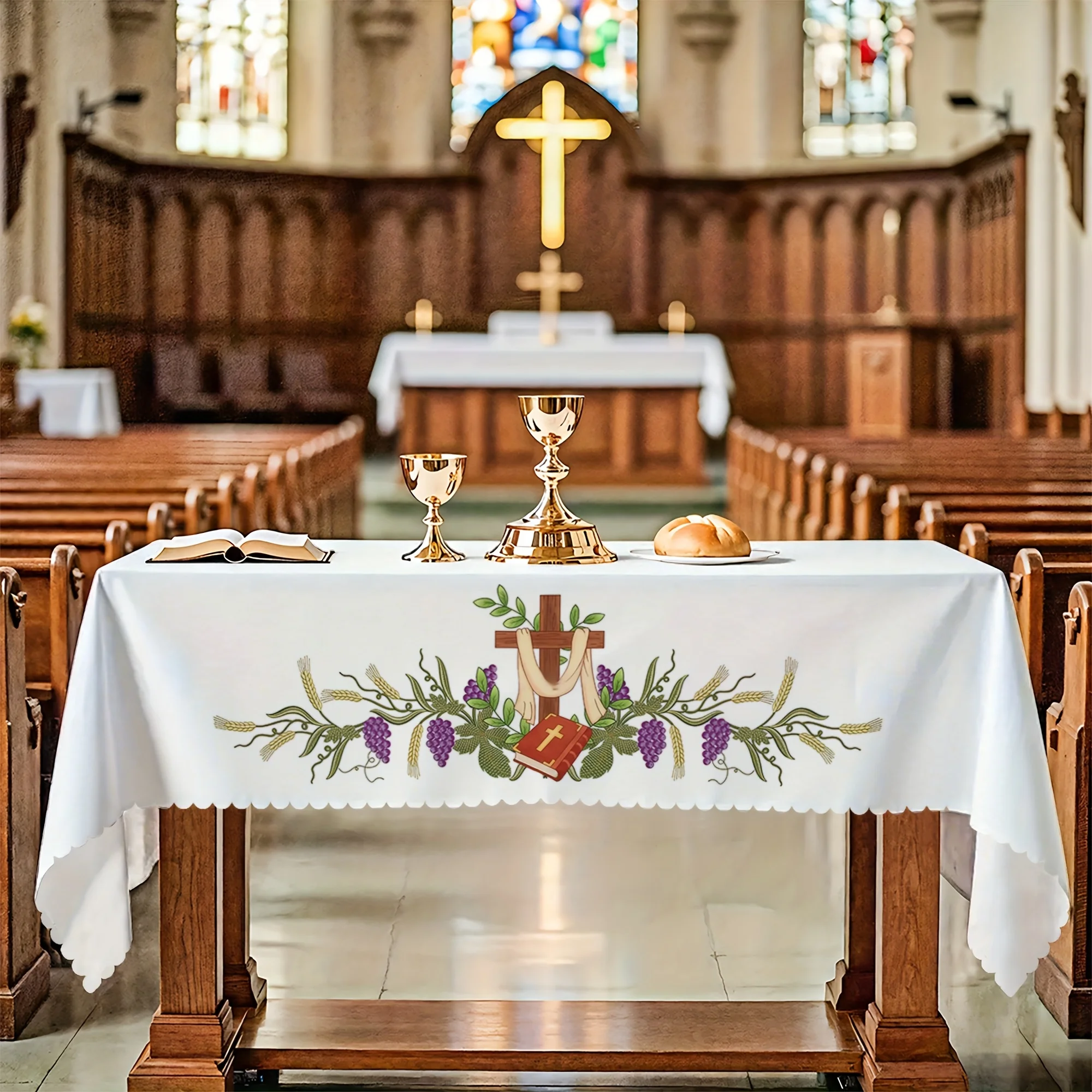 Cross Grape Pattern Religion Ceremony Rectangle Tablecloth for Table Decor Reusable Kitchen Dining Tablecloth Religion Decor