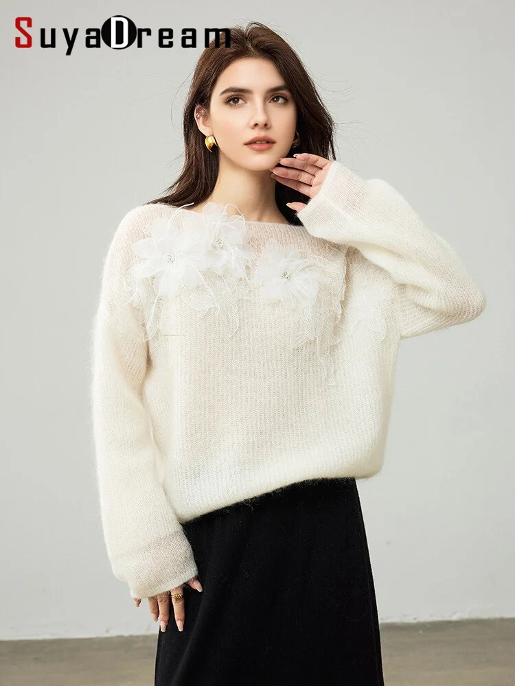 SuyaDream, Women Warm Pullovers, Slash Neck, Appliques, Mohair and Sheep Wool, Chic Sweaters, 2025 Fall Winter Top, White