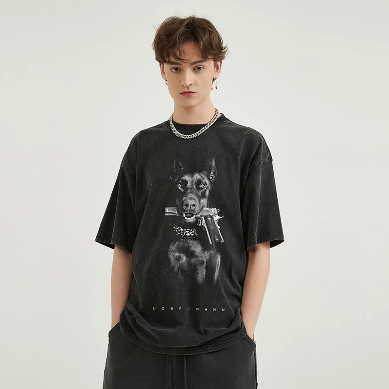 Hip Hop 2024 Vintage Washed Black T-Shirt Streetwear Doberman Dog Gun Graphic T Shirt Cotton Unisex Tshirt Men Tops Tee Hipster