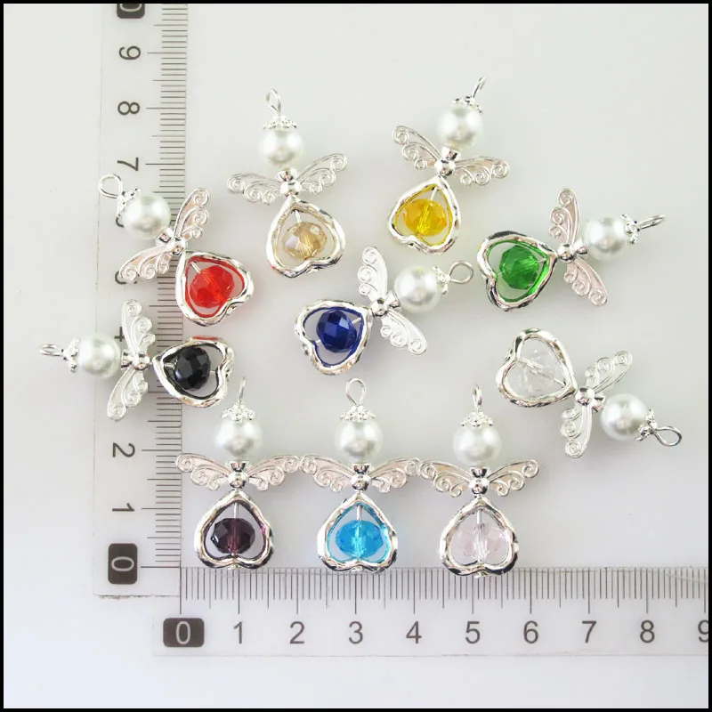 10Pcs Mixed Heart Crystal Angel with Ball Glass Beads Charms Pendants 22x33mm