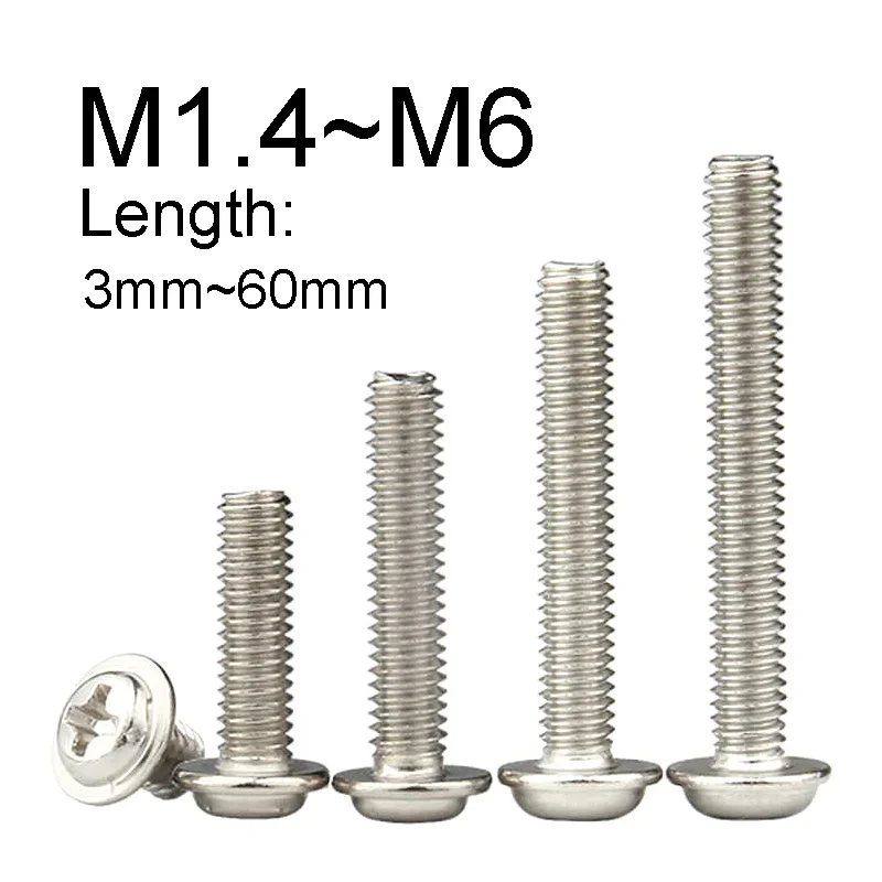 20~200PCS 304 Stainless Steel Phillips Round Head with Washer Bolts M1.4 M2 M2.5 M3 M4 M5 M6 Computer Machine Screws