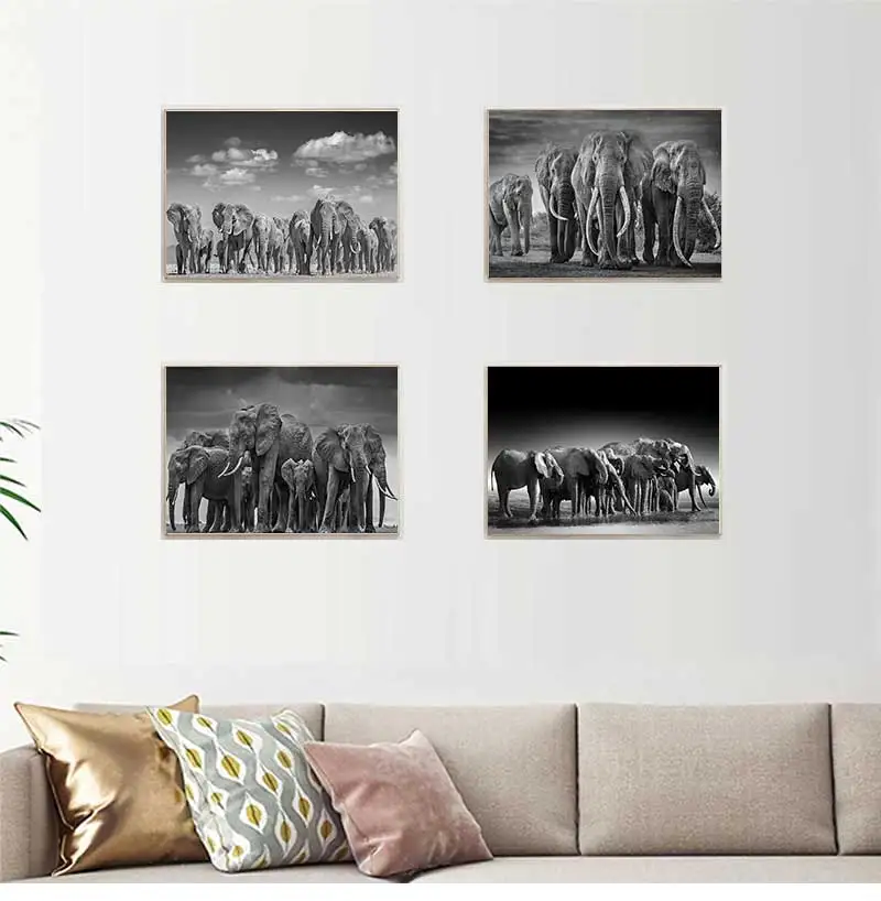 Modern Animals Posters and Prints Wall Art Canvas Painting African Elephant Herd Pictures for Living Room Cuadros Decor No Frame