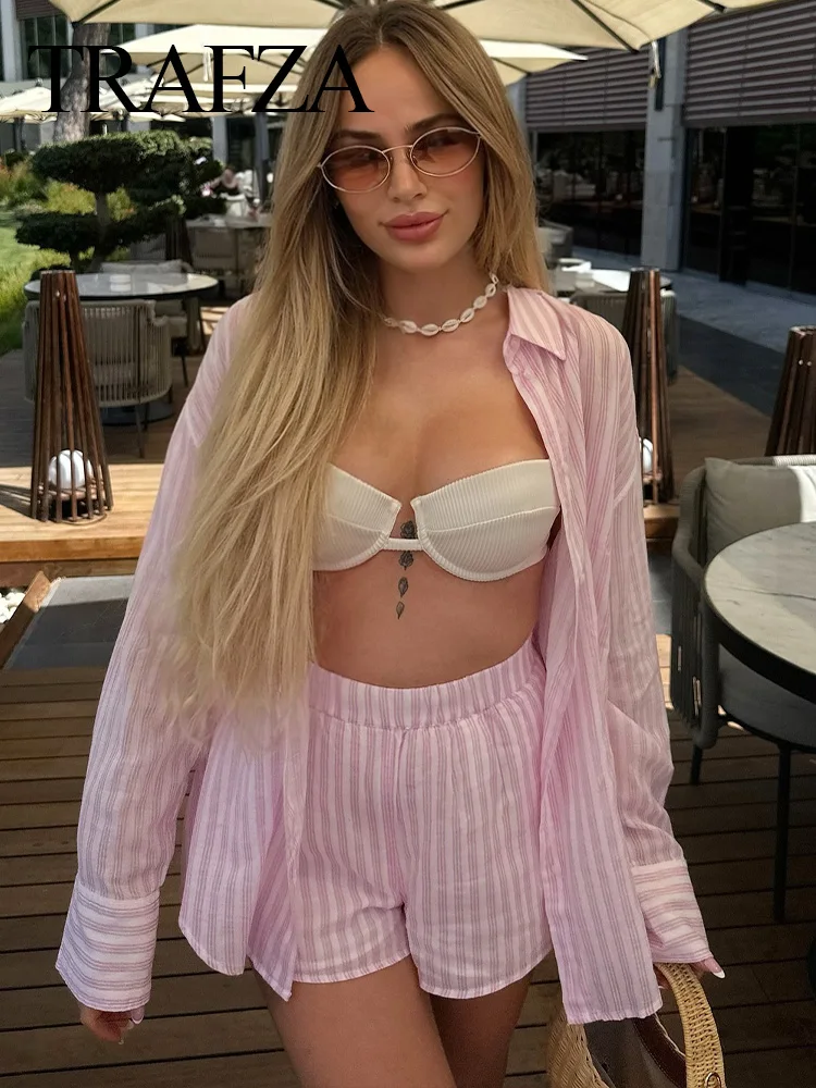 TRAFZA Female Shorts Set Pink Long Sleeves Single-Breasted Shirts+Elastic Waist Shorts  Summer Suits Woman 2024 Trendy TRAF