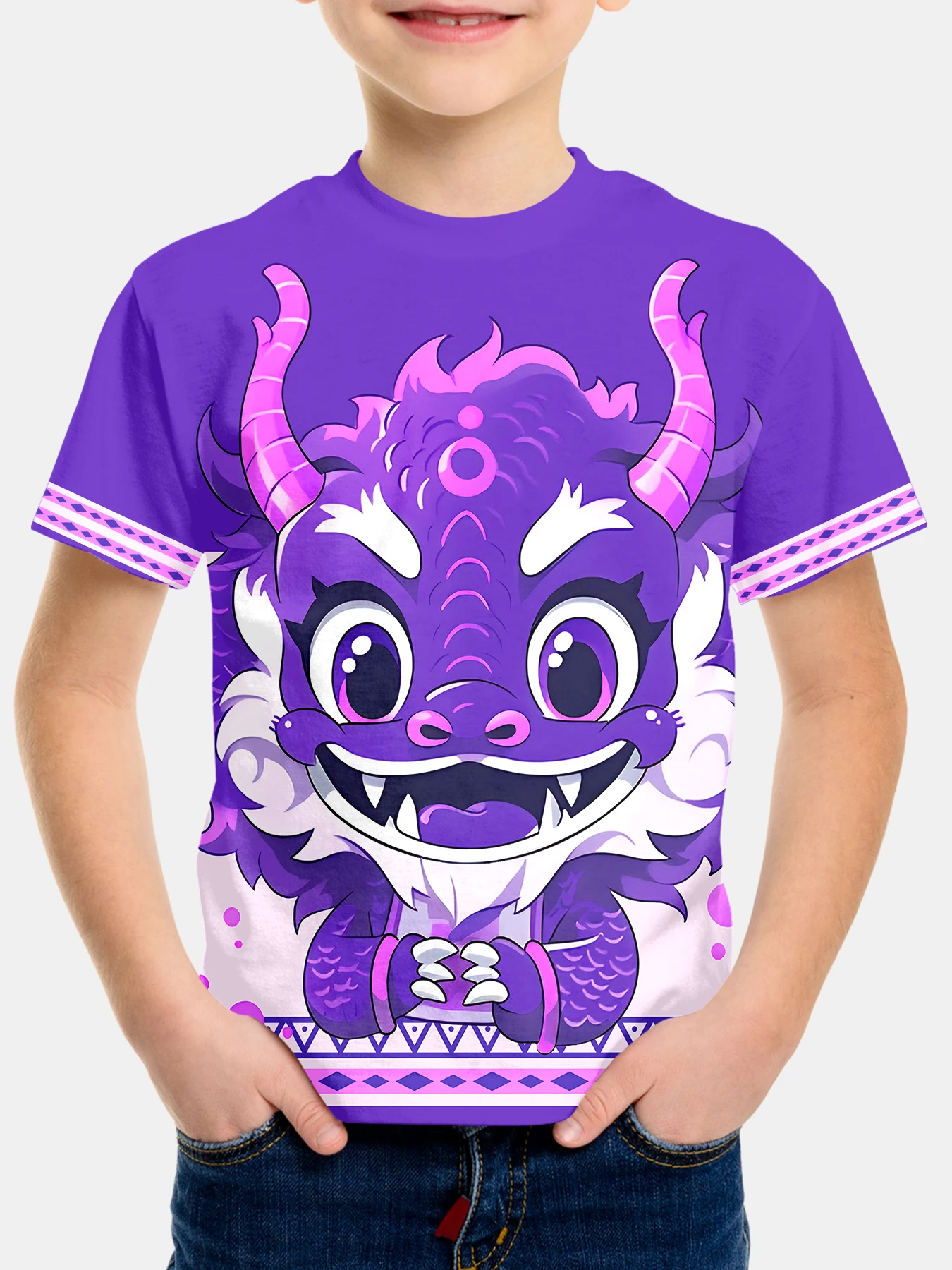 Boys'Purple Dragon King summer round neck short sleeved T-shirt, casual lightweight and comfortable top, 3D printed