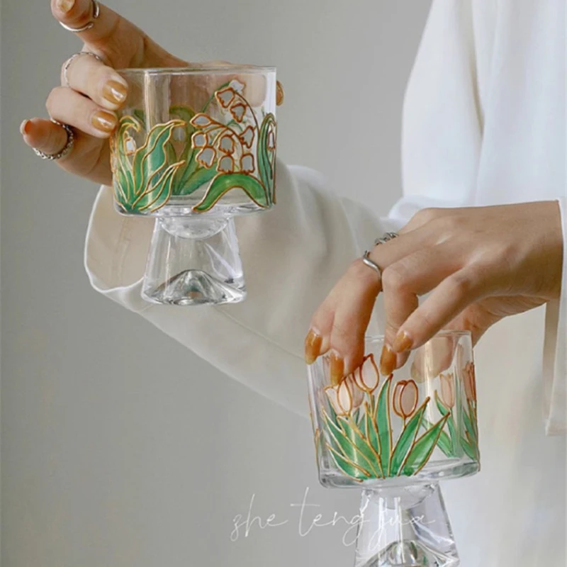 Exquisite Glass Hand-painted Tulip Goblet Retro Lily of the Valley Glass Cup Pastoral Ice Cream Juice Smoothie Dessert Container