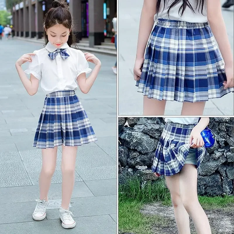 Girls Plaid Skirts Kids School Uniform Toddlers Pleated Tutu Blue Thin Slim High Waist Mini Skirts Child Costumes 2 To 13 Years