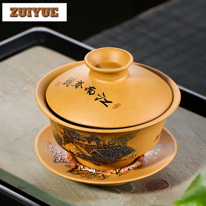 135ml Yixing Zisha Clay Drawing Gaiwan Boutique Tea Tureen Tea Bowl With Lid Kit Tea Brewing Cover Bowl Kung Fu Tea Set Craft