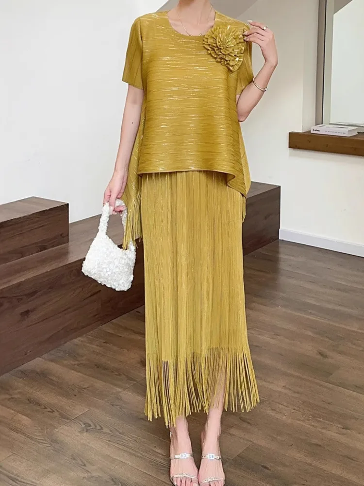 WHTREND-Conjuntos plisados para mujer, camisa holgada Irregular con flores y faldas largas con borlas, ropa de moda femenina, conjunto de 2 piezas