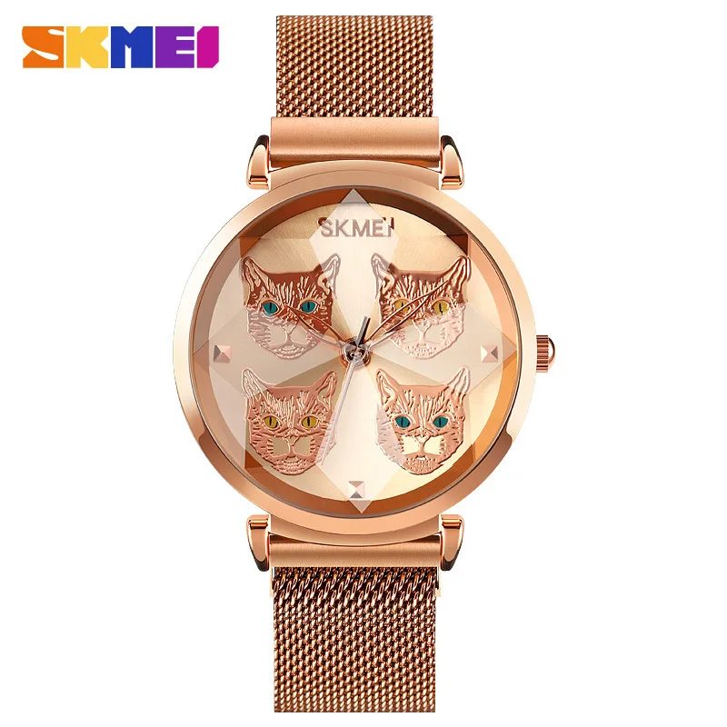 Skmei-Montre à Quartz Créative pour Femme, Surface Meow, Dessin Animé, Décontracté, Ceinture en Maille Classique, Miroir 3D, Structure Magnétique